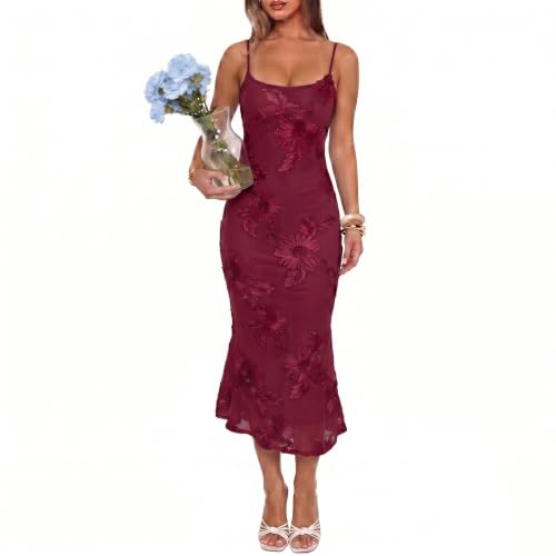 Curvphilo Women's 3D Floral Mesh Midi Dress Summer Spaghetti Strap Bodycon Mermaid Formal Wedding Guest Cocktail Party (Midi, US, Alpha, X-Small, Regular, Regular, Burgundy)
