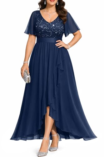 Plus Size Formal Dress Sequin Lace Wedding Guest Cocktail Evening Navy Blue