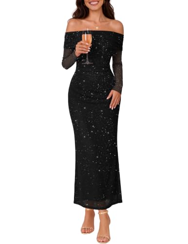 MEROKEETY Womens Sparkly Off Shoulder Long Sleeve Mesh Dress, Black, M