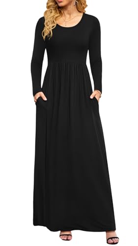 DB MOON Women Casual Long Sleeve Black Maxi Dresses Empire Waist Long Dress with Pocket S