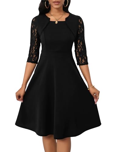 Black Dress for Women Vintage Square Neck Floral Lace 3/4 Sleeve Cocktail Semi Formal Summer Swing Dresses(Black Small)