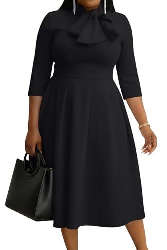 FANDEE Midi Dress for Women Semi Formal Tie Neck 3/4 Sleeve with Pockets