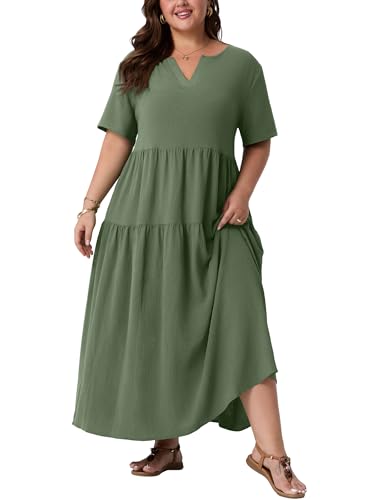 OLRIK Womens Plus Size Summer Dress V Neck Short Sleeve Casual Long Maxi Boho Beach Travel Dress Loose Fit Olive Green-5X