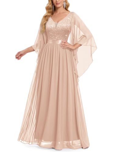 Miusol Women's Deep-V Neck Lace Contrast Sequin 3/4 Sleeve Formal Evening Maxi Dress (Small, Champagne)