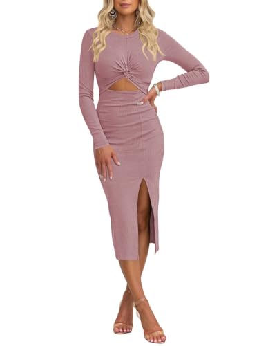 Pink Queen Long Sleeve Cocktail Dress for Women Bodycon Cut Out Dinner Evening Party Midi Dresses Pink Purple S