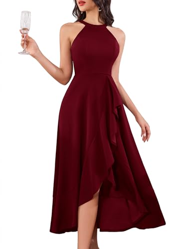 Dressystar Womens Halter Split Hem Party Dress Elegant Long Formal Prom Dress Cocktail Wedding Guest Maxi Dresses LM08 Dark Red M
