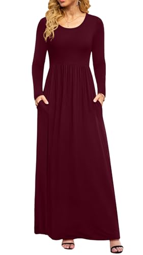 DB MOON Women Casual Long Sleeve Maxi Dresses Empire Waist Long Dress with Pockets Burgundy M