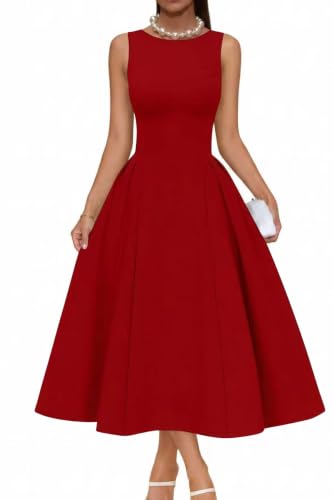 Memoriesea Women's Sleeveless A line Formal Graduation Midi Dress Red