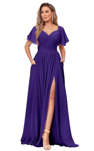 HLEPUN Women's Flutter Sleeve Bridesmaid Dress with Slit V-Neck Pleated Chiffon Short Sleeve Formal Evening Party Gowns 2025 Regency US8