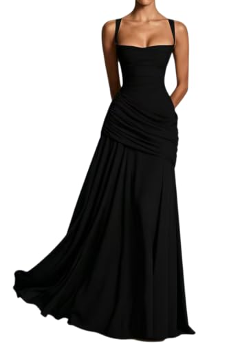 Nxtwill Women's Elegant Bodycon Ruched A-Line Maxi Formal Dress Black