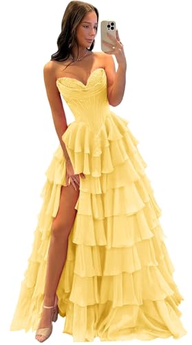 MisShow Yellow Corset Ruffle Prom Dresses for Teens2026 Strapless Chiffon Tiered Long Formal Evening Party Gown with Slit S