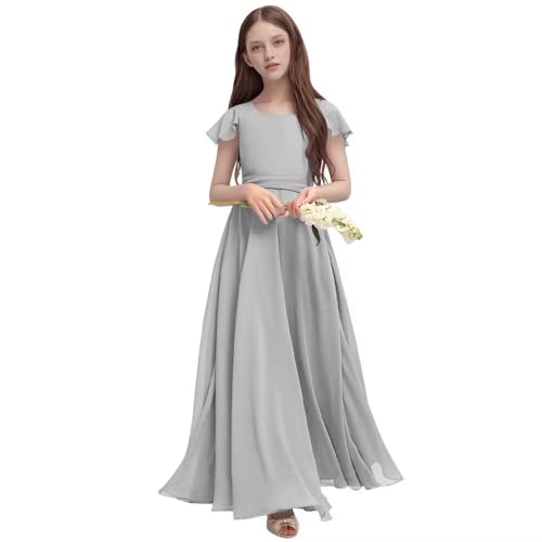 Ciynsia Junior Bridesmaid Dress 2026 Chiffon Bodice Flower Girl Dresses for Wedding Party Girls A Line Square Neck Holiday Party Dress for Teens Flutter Sleeves Formal Pageant Dresses Sliver Size 16