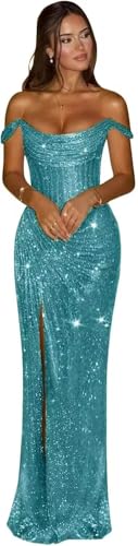 FJWZF Sequin Off Shoulder Prom Dresses Long for Women Corset Mermaid Ruched Turquoise Formal Party Dress with Slit Size 2