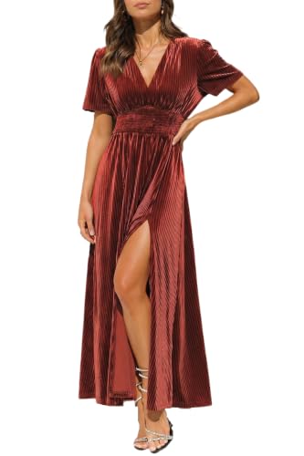 Maxigerui Velvet Maxi Dress Fall Formal Wedding Guest Dress Rust Red M