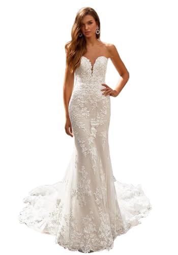 Dexinyuan Lace Wedding Dresses for Bride Mermaid Tulle Bridal Dresses Strapless Beach Boho Bohemian Wedding Gowns for Women Ivory US4