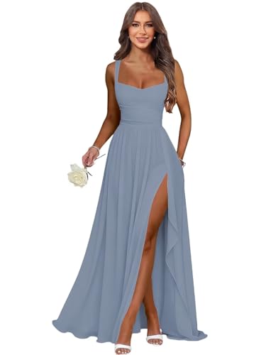 Popearl Dusty Blue Bridesmaid Dresses Long Chiffon A-Line Formal Dress L