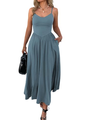 Evzeiem Womens Spaghetti Strap Maxi Dresses Summer Casual Sleeveless A Line Long Flowy Dress with Pockets Beach Sundresses,Blue M