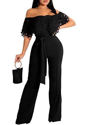 Women Off Shoulder Belted Solid Wide Leg One Piece Jumpsuit