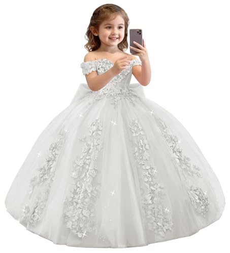 XYAYE Sparkly Ivory Flower Girls Dresses for Wedding Off Shoulder Dress
