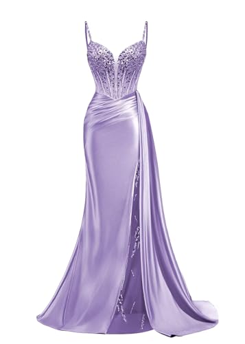 Spaghetti Straps Prom Dress with Slit Lilac Long Beaded Lace Appliques Prom Dress Bodycon for Women Size 22