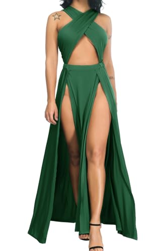 Velius Women Sexy Hollow Out Halter Wrap Sleeveless Plain Pleated Slit Casual Long Maxi Dress (XX-Large, Green)