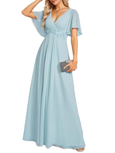 Ever-Pretty Women's Spring Short Sleeve Bridesmaid Dresses V-Neck Chiffon Ruched Empire Waist Appliques Long Formal Dress Sky Blue US12