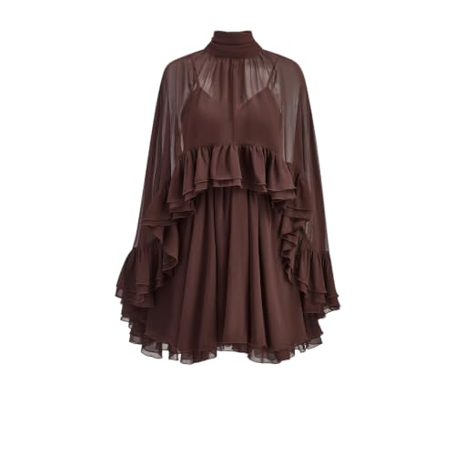 ENGWO Women’s Semi Sheer Chiffon Ruffle Dress with Outer Cape, Poncho Sleeve Flowy Mini Dress, Loose Fit Elegant Summer Dress (Medium,Coffee)