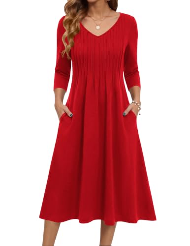 Zeagoo Early Fall Long Sleeve Midi Dress Pockets Plus Casual Dress True Red