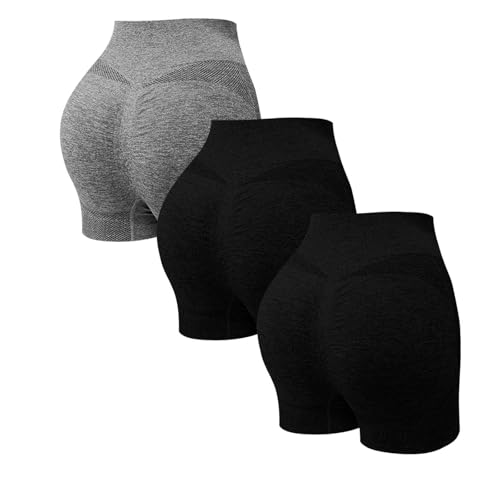 HGps8w 3-Pack Women's Workout Gym Biker Shorts, High Waisted Butt Lifting Scrunch Sports Seamless Running Shorts