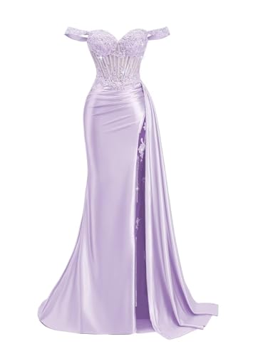 NDMAVOA Women's Off Shoulder Prom Dresses Mermaid Satin Beaded Formal Evening Gown Bodycon Long Sexy Slit with Tail Lilac 4