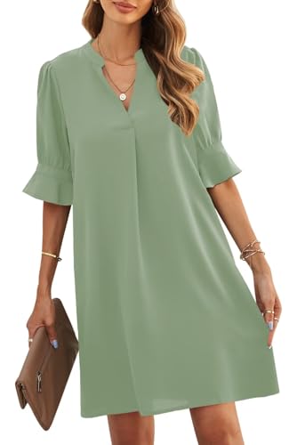 JOCAFIYE Womens Light Green Dresses Summer Casual Dress V-Neck Ruffle Short Sleeve Shift Dress Summer Dresses for Women XL