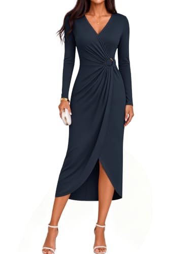ZESICA Women's Fall Long Sleeve Bodycon Cocktail Party Dresses Navy M | Deep V Neck, Ruched Midi Dress, Formal Wedding Guest, Rehearsal Dinner, Date Night, Birthday Holiday, Bridal Shower