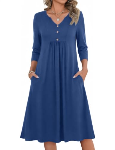 Zeagoo Cotton Dresses for Women Casual Fall 3/4 Sleeve V Neck Midi Dress