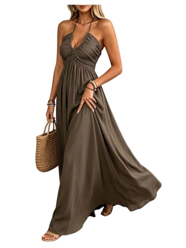 BEAUDRM Women's Boho Halter Maxi Dress A Line Flowy Weeding Guest Dress