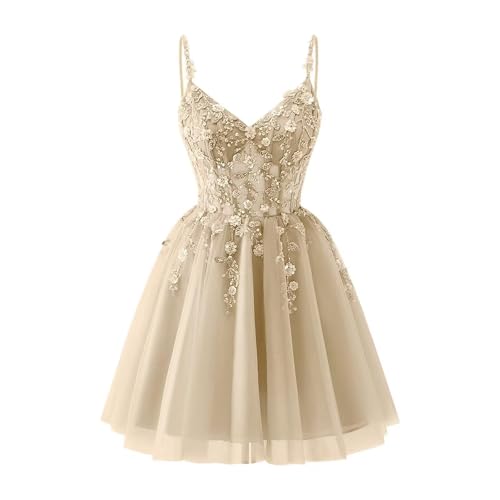 Lqdyrt 3D Floral Tulle Champagne Homecoming Dress Lace Applique Sparkly Short Prom Dress Sequin Spaghetti Straps DAMA Dresses for Teens US6