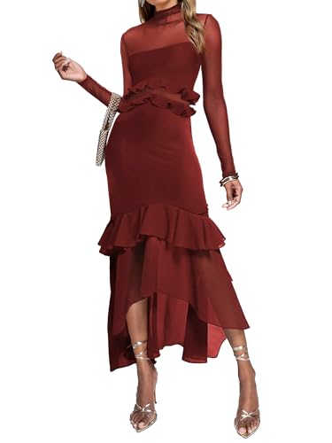 SEBOWEL Women's Long Sleeve Maxi Dress Ruched Bodycon Formal Cocktail Dress for Wedding Guest Evening Dresses for Women