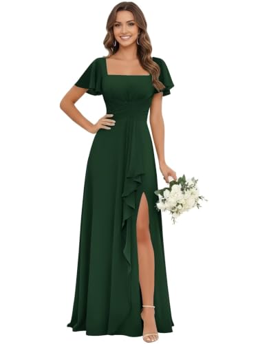 Phalarite Emerald Green Chiffon Bridesmaid Dresses with Short Sleeve 8