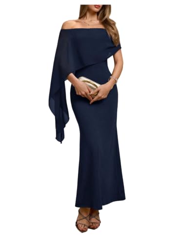 Verdusa Women's Fall Wedding Guest Dresses Off Shoulder Formal Elgant Dress | Chiffon Cape Cocktail Long Dresses, Night Out, Dinner, Birthday Outfits, Deep Blue, Medium