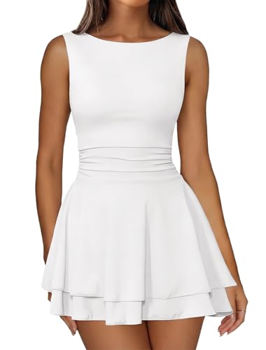 IWD Women's Boat Neck Sleeveless Mini Corset Dress Ruched Waist Party Club Dresses Flowy Tiered Ruffle Hem Short Graduation Dress White Medium