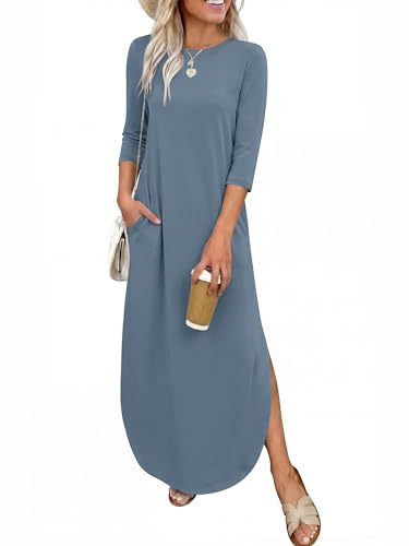 ANRABESS Women’s Air Layer 3/4 Sleeve Fall Maxi Dress & Pockets Grey Blue