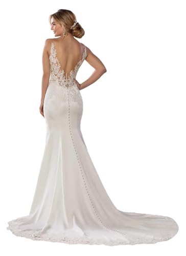 Illusion Mermaid Wedding Dresses for Bride 2026 Sleeveless Lace Applique Long Bodycon Bridal Dress for Women White Wedding Gowns with Train Us10