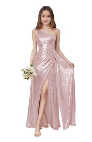Farichos Blush Pink Flower Girl Dresses One Shoulder Girls Formal Dress Sparkly Sequin Junior Bridesmaid Dress for Wedding 8-10