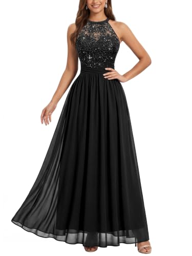Miusol Women's Sequin Lace Sleeveless Halter Tie Formal Evening Maxi Dress (Medium, Black)