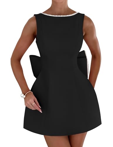 Azhong Women's Summer A-Line Sleeveless Pearl Dress with Bows Elegant Crew Neck Graduation Mini Dress Formal HOCO Dresses Black