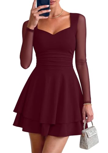 DAAWENXI Women Mesh Long Sleeve Square Neck Ruched Party Mini Dress WineRed | Sexy Sheer Mesh,Ruched Waist,Fit and Flare Dress,Layered Ruffle,Wedding Guest Cocktail Short Dresses,Date Night Outfits