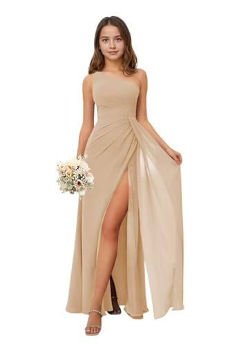 Farichos Chiffon Junior Bridesmaid Dresses for Wedding Ruffle Girls Formal Dresses Slit Champagne Flower Girl Dress 10-12