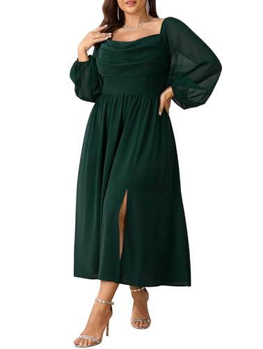 SHESTARR Women's Plus Size Chiffon Long Sleeve Cowl Neck Maxi Dress
