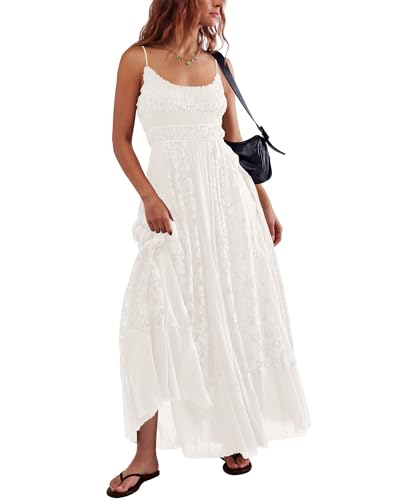 Gacaky Summer Dress for Women Casual Lace Floral Embroidered Bohemian Maxi Dress Flowy A Line Beach Long Dresses White Large