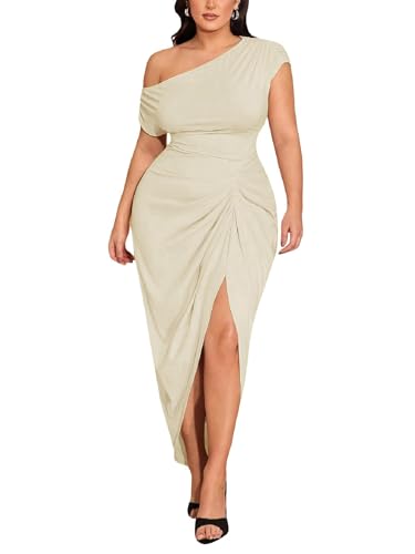 Floerns Women's Plus Size Asymmetrical Neck Ruched Slit Hem Cocktail Dress