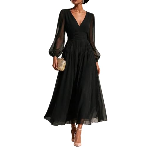 Wedding Guest Dresses for Women Long Puff Sleeve V‑Neck Chiffon Maxi Dress